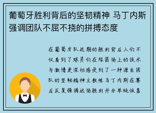 葡萄牙胜利背后的坚韧精神 马丁内斯强调团队不屈不挠的拼搏态度
